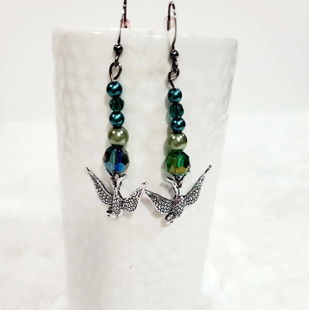 2/$10 Boho Style Earrings w/Bird Charm Green